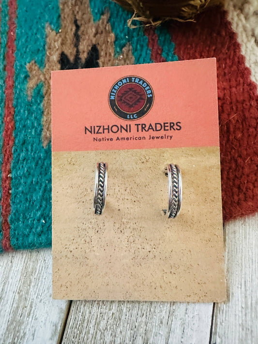 Navajo Hand Stamped Sterling Silver Hoop Earrings