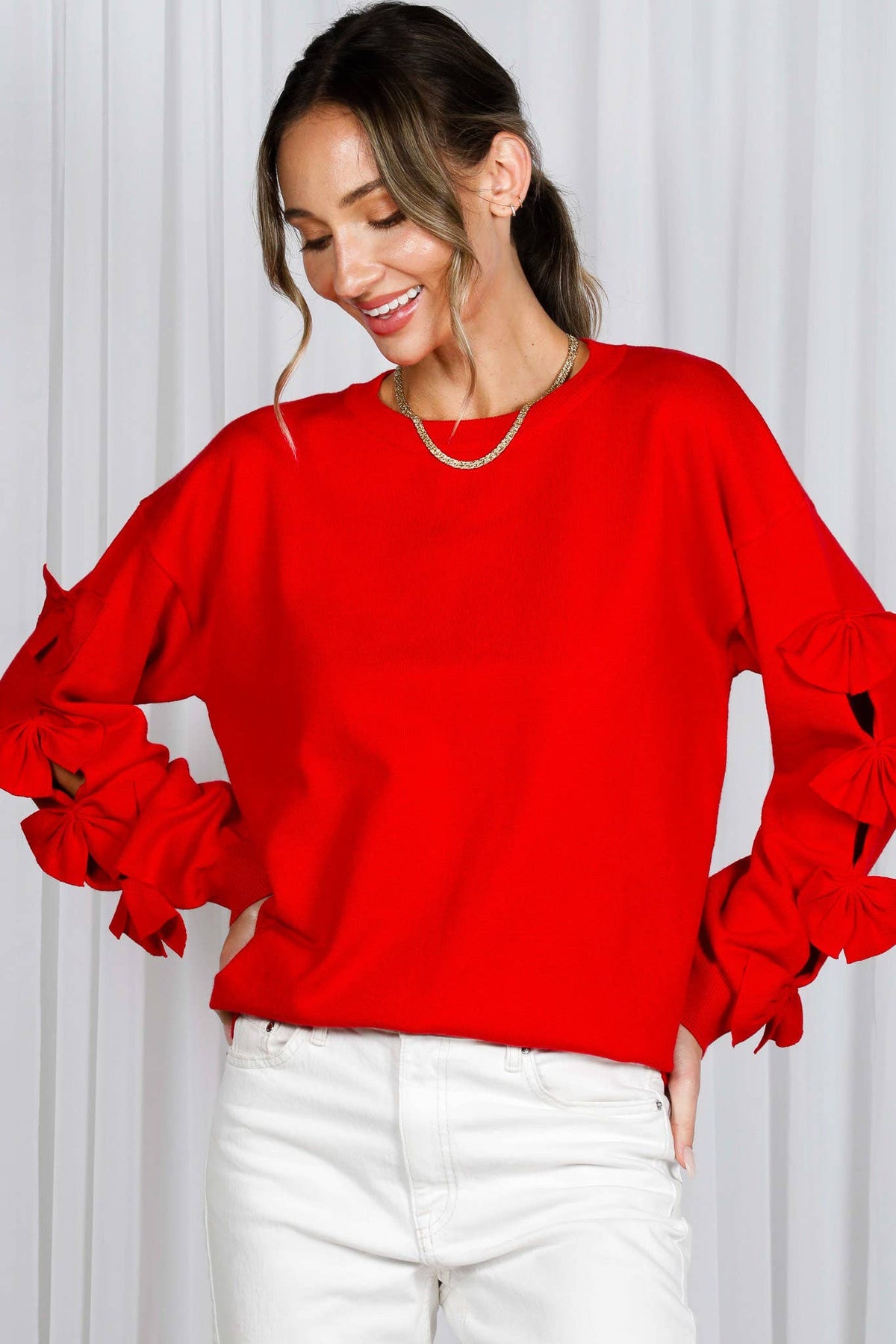 Bow Embellished Crew Neck Long-Sleeve Knit Sweater VT82605
