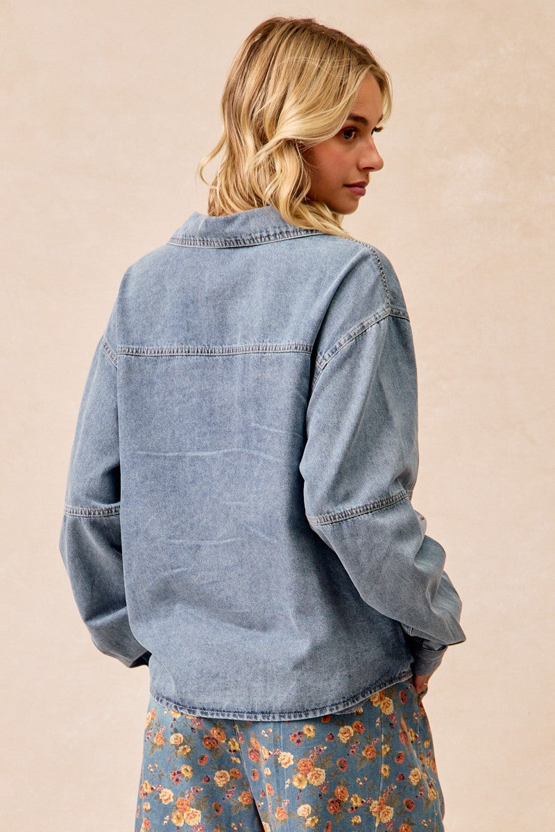 Washed Denim V Neck Collared Top With Side Pocket