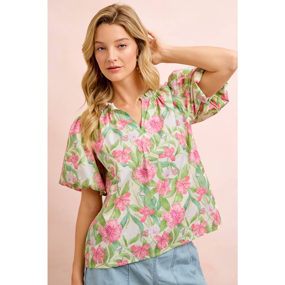 FLOWER PRINTED WOVEN RUFFLED V NECK TOP