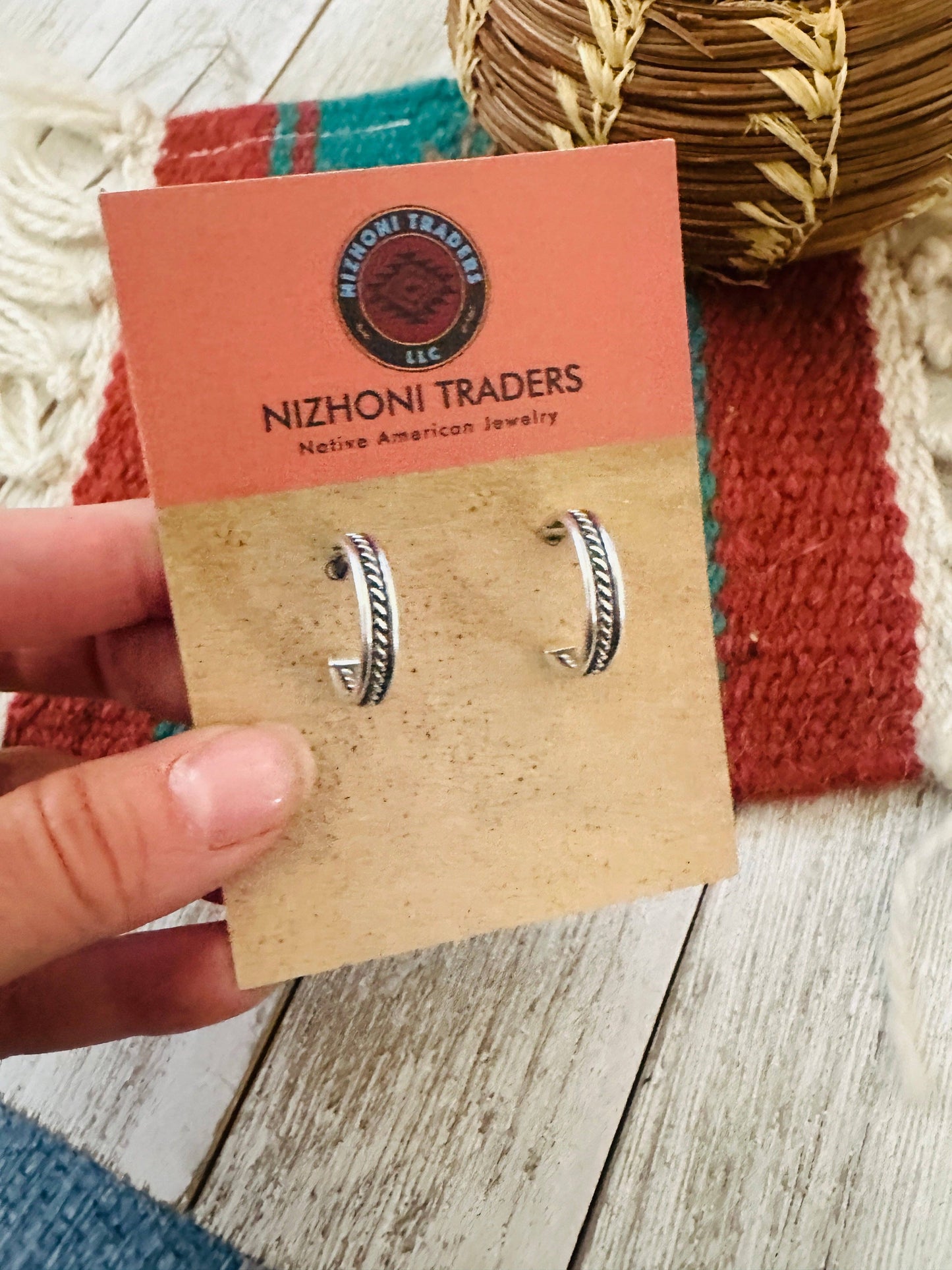 Navajo Hand Stamped Sterling Silver Hoop Earrings
