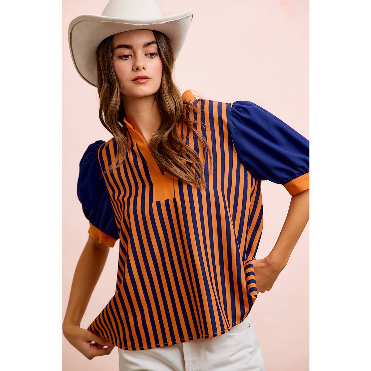 GAMEDAY THEME STRIPED WOVEN BLOUSE TOP