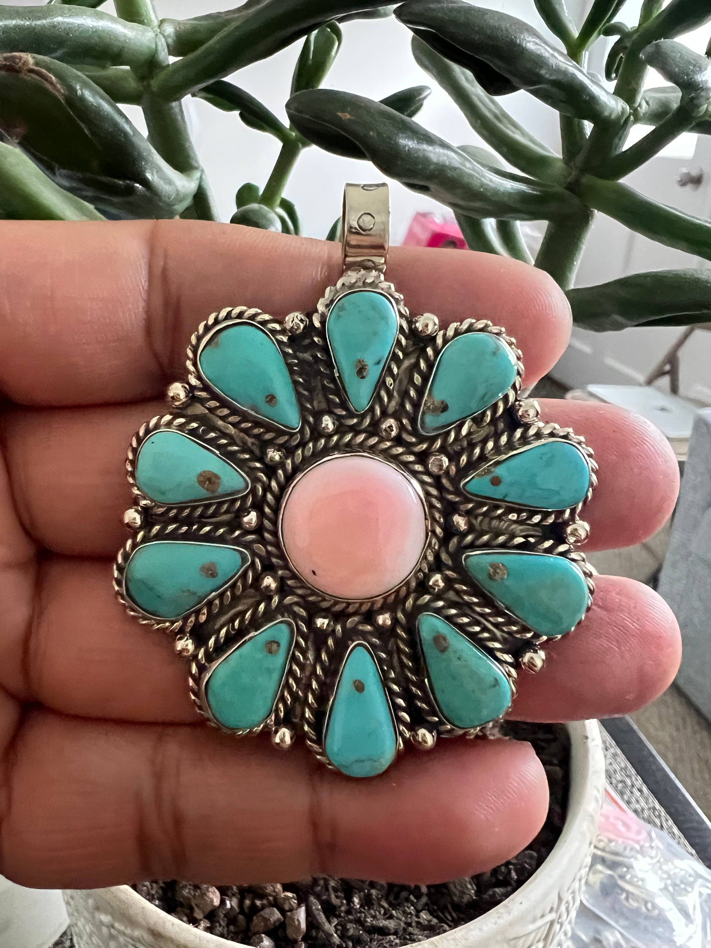 Natural Turquoise with  queen conch shell pendant,2.5x2 inch