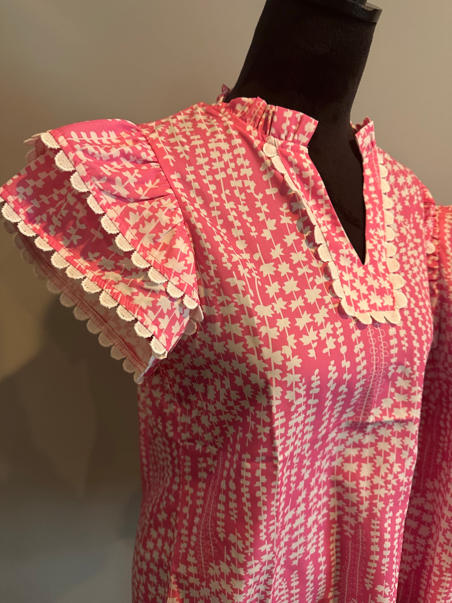 Pink Abstract Print Ric Rac Trim Flutter Sleeve Notch V Neck Blouse