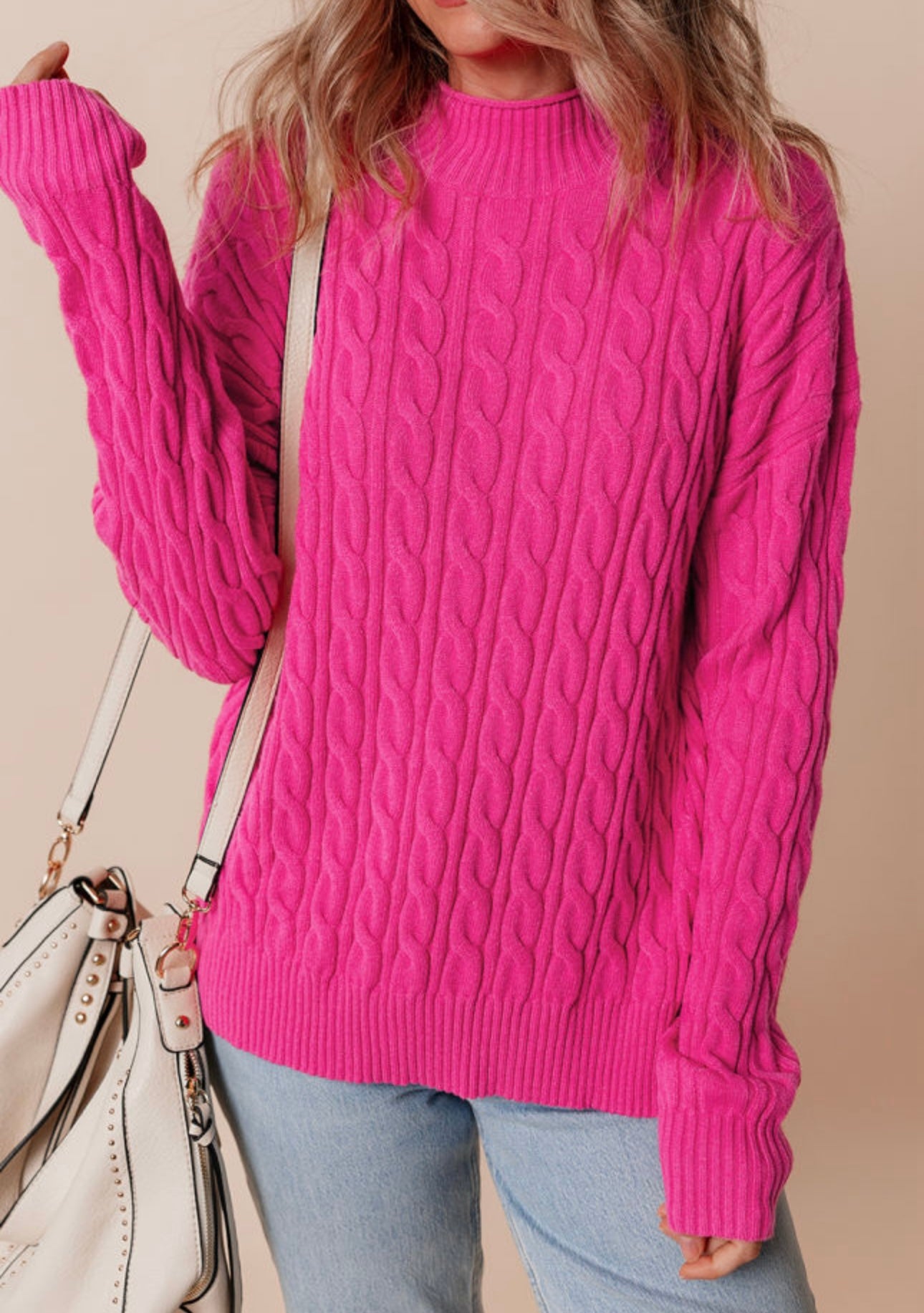 Pink solid cable knit high neck sweater