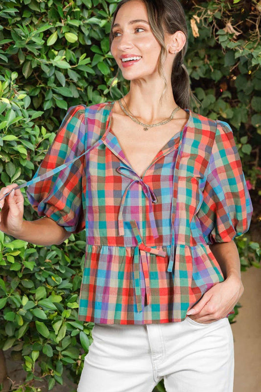 1/3 Open Self Tie Front Plaid 100%Cotton Blouse VT82595A