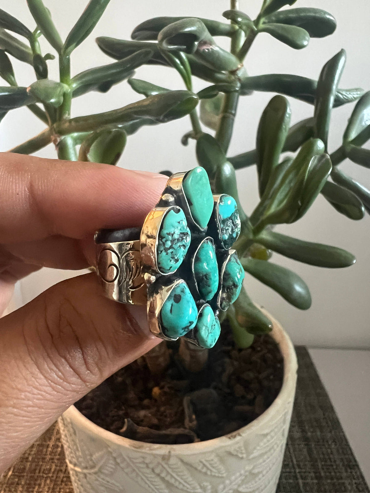 Natural turquoise statement ring, Tibetan silver, Adjustable