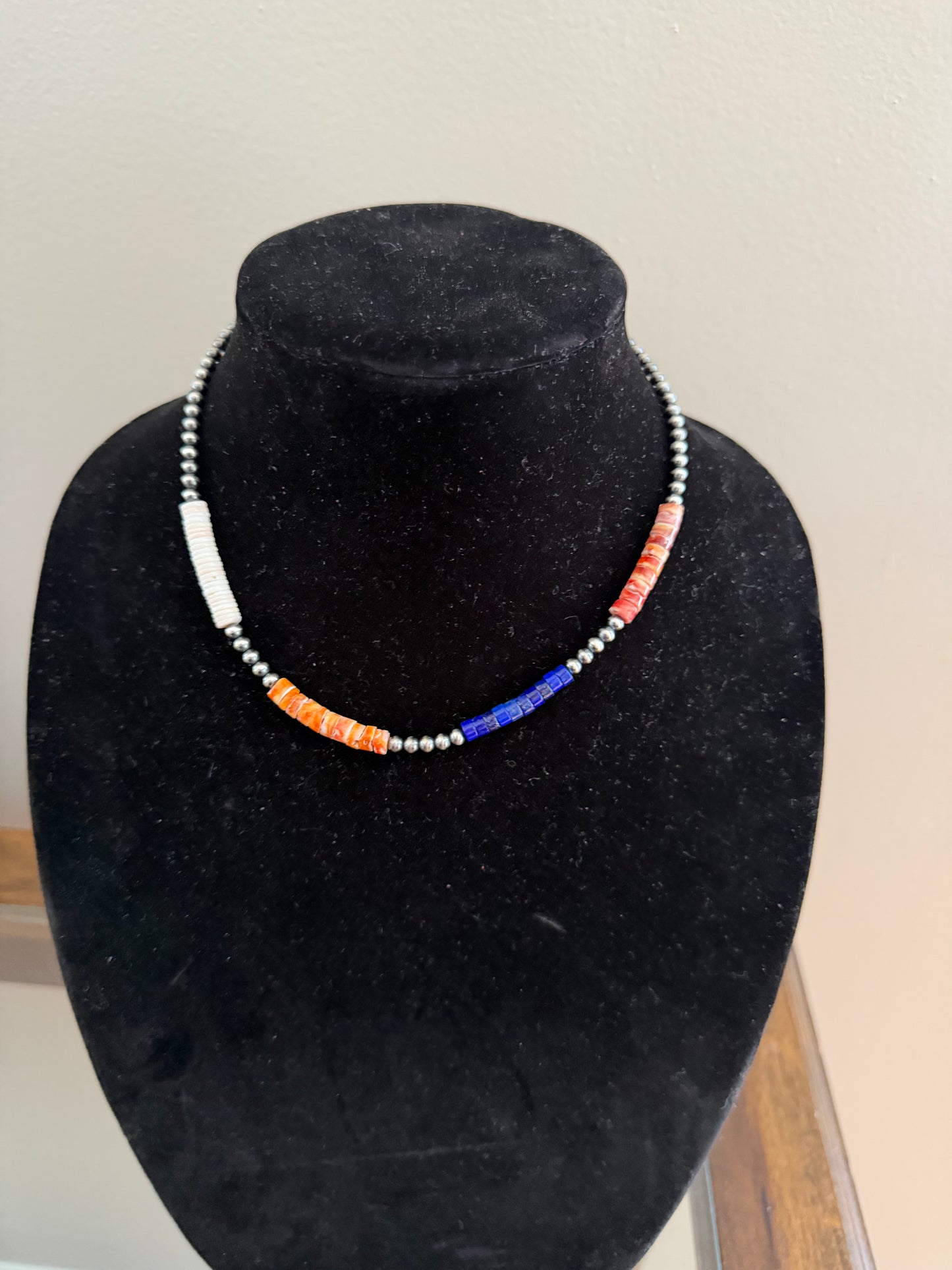 Multi stone Heishi bead x sterling pearl necklace