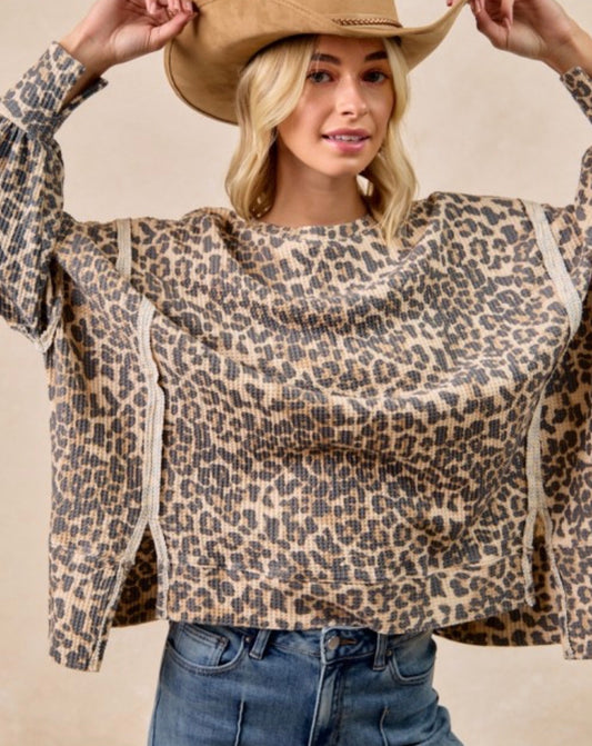 Leopard print oversized waffle sweater