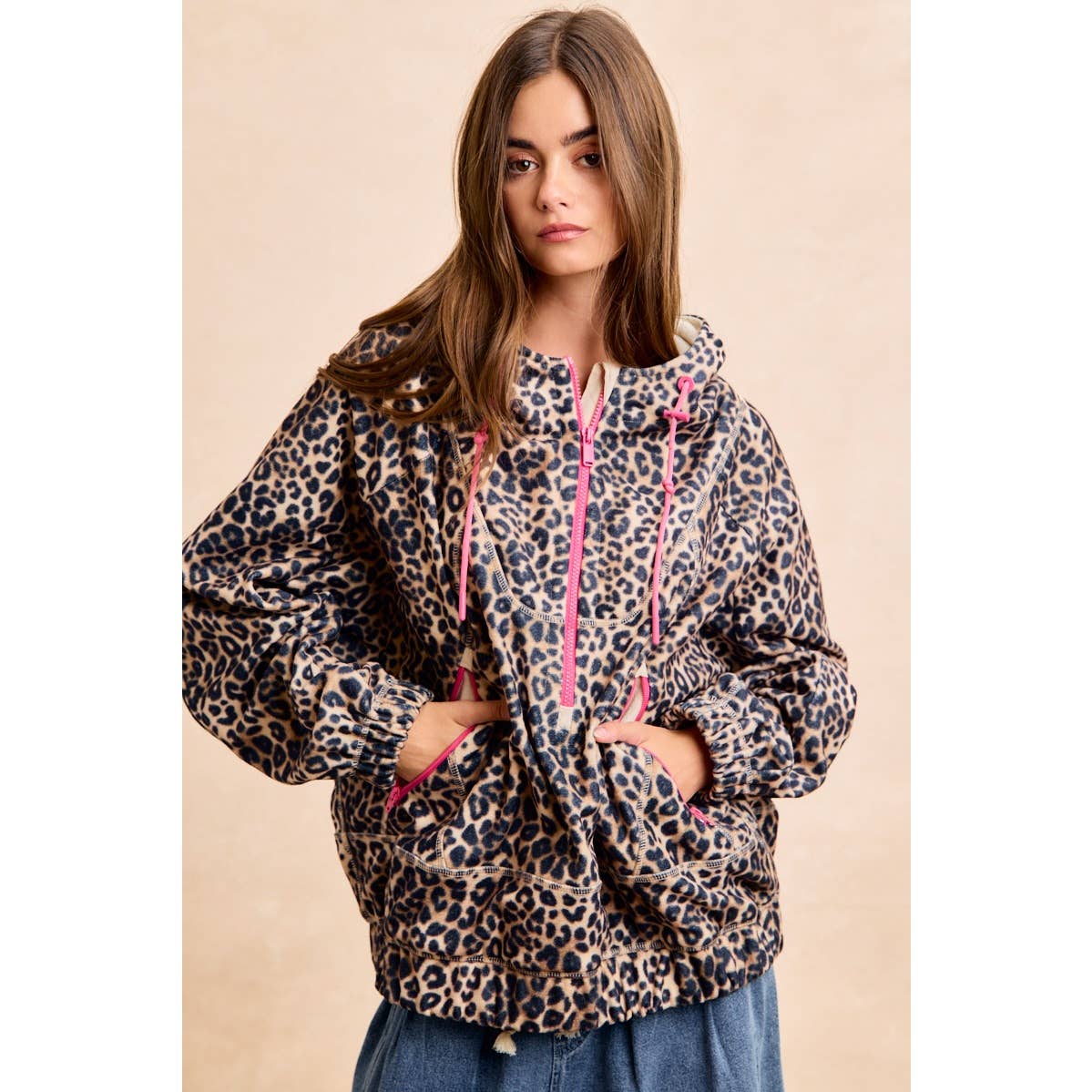 LEOPARD STITCH OVERSIZED BRUSHED TEXTURE JACKET