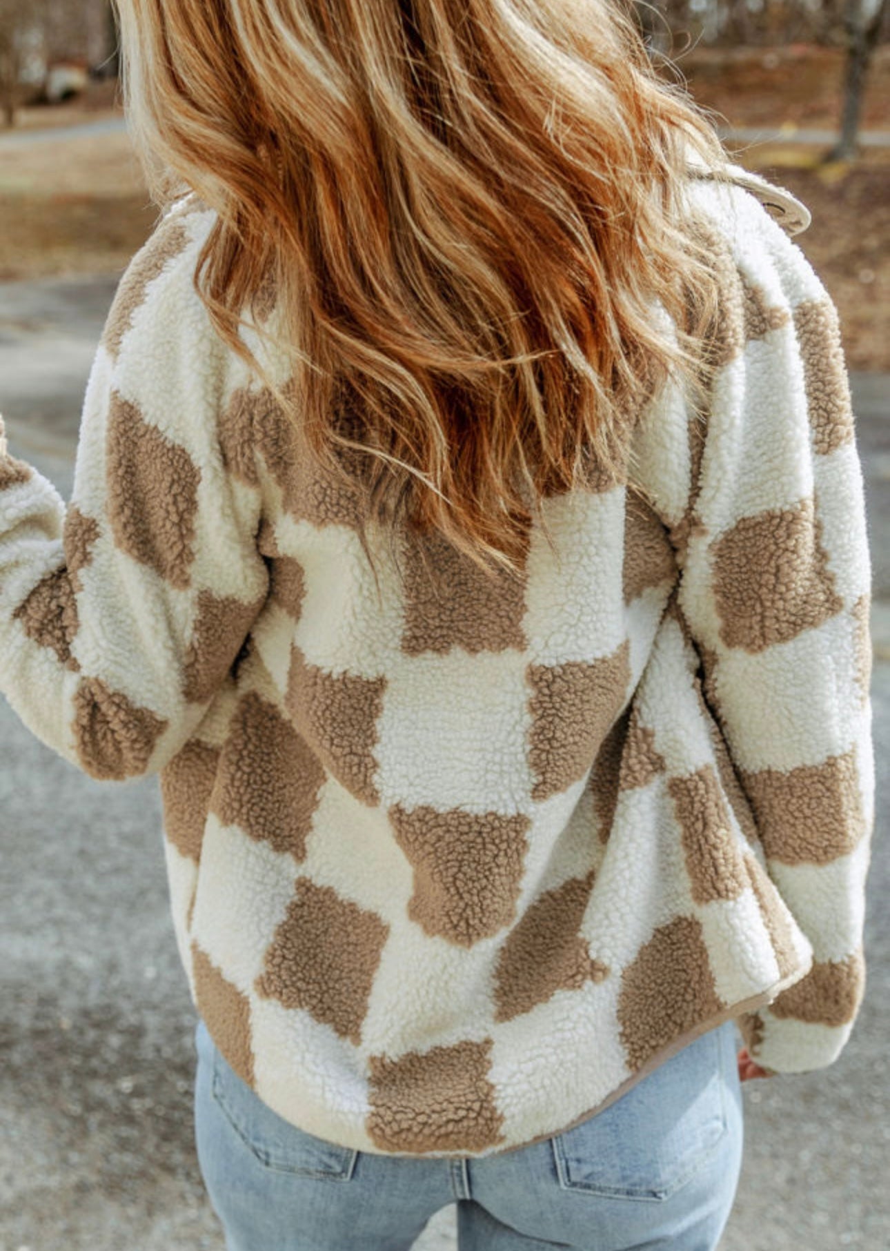 Brown checkered snap button Sherpa jacket