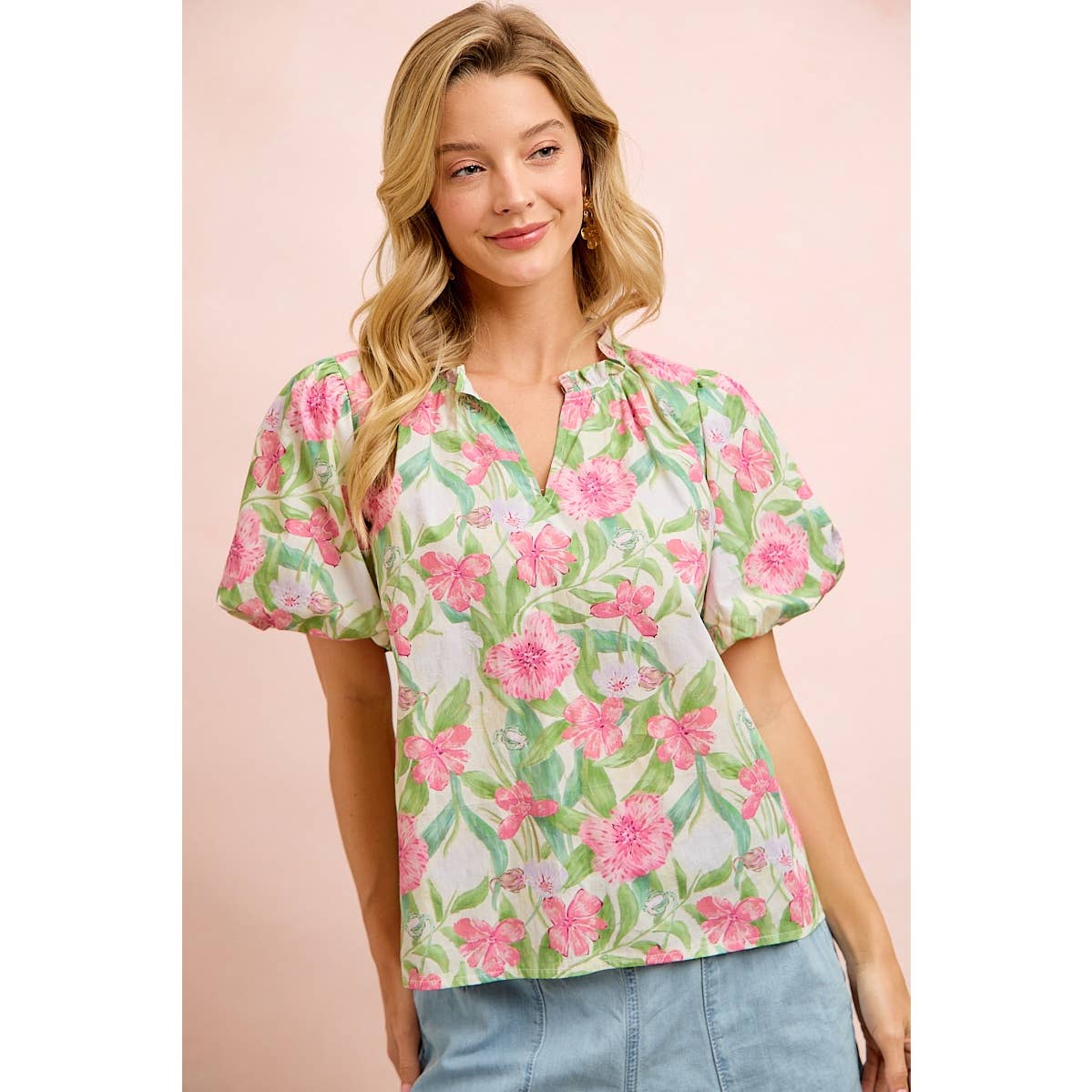 FLOWER PRINTED WOVEN RUFFLED V NECK TOP