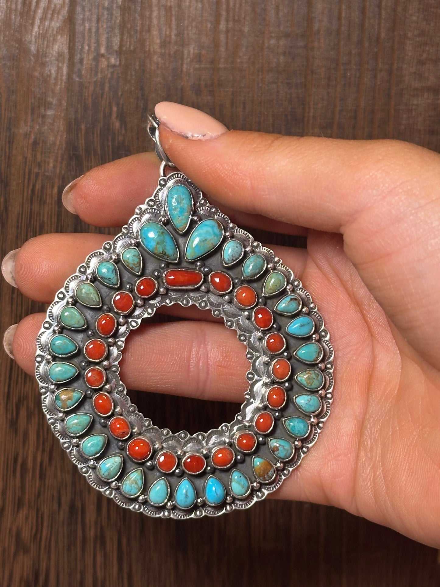 Handmade Sterling Silver, Coral & Kingman Turquoise Christmas Wreath Pendant