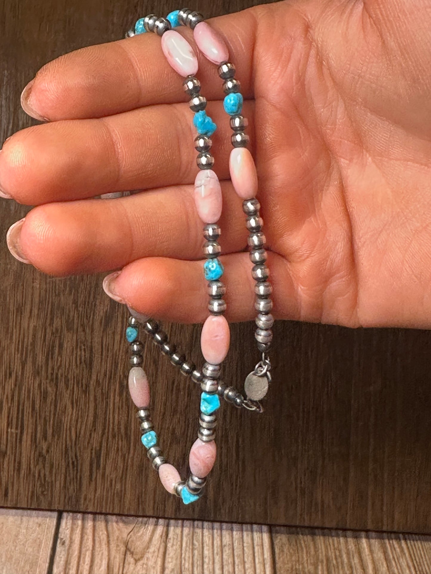 Navajo Sterling Silver Pearls with Kingman Turquoise and Pink Conch 20"