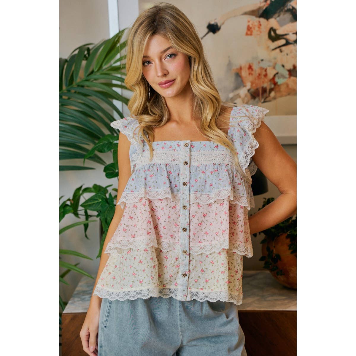 FLORAL COLOR BLOCK LACE TRIMMED RUFFLED TOP