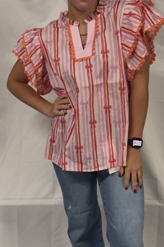 Striped Bow Printed Woven Scalloped Edge Detail V