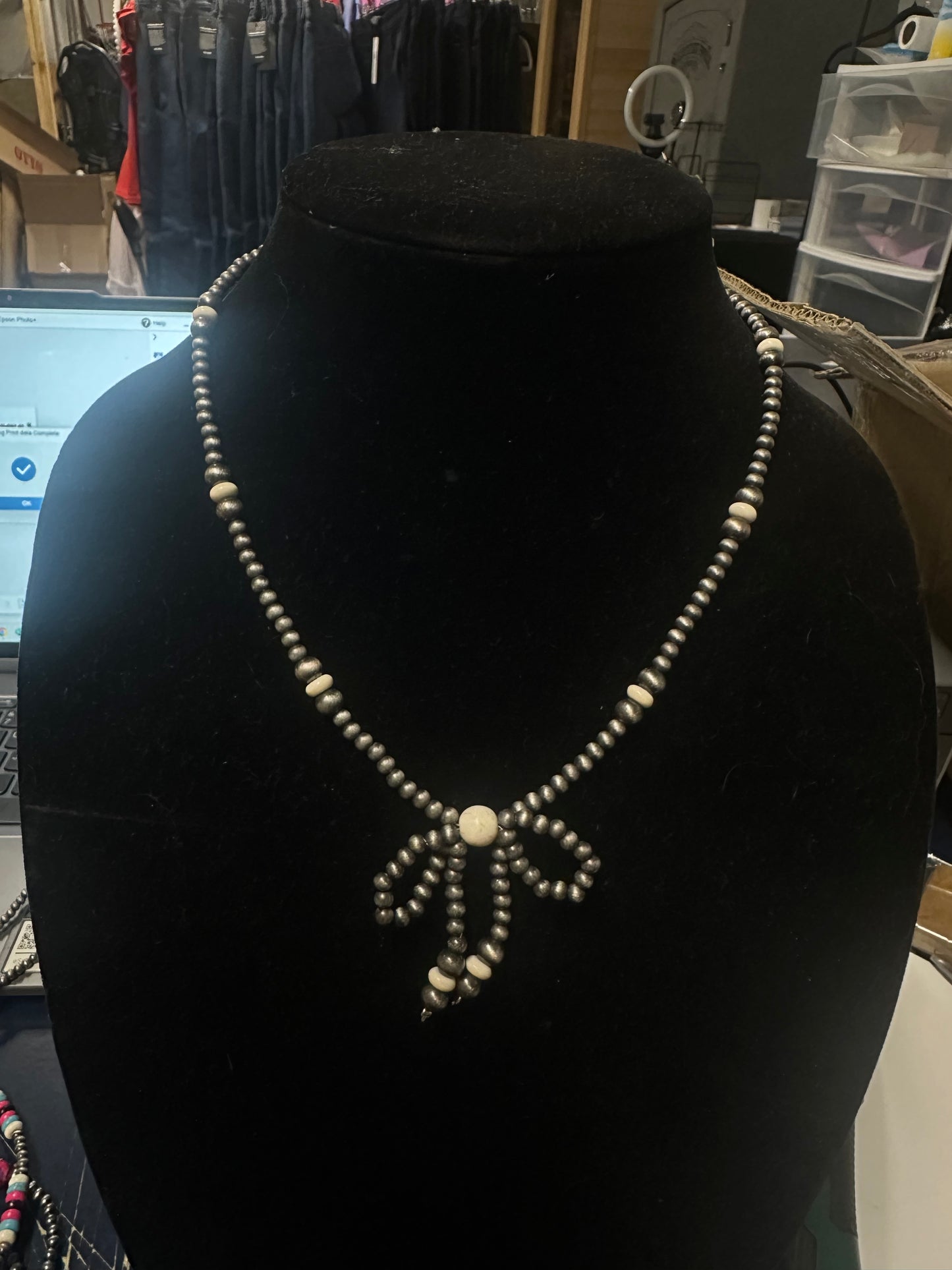 Navajo Style Pearl & Bead Bow Necklace