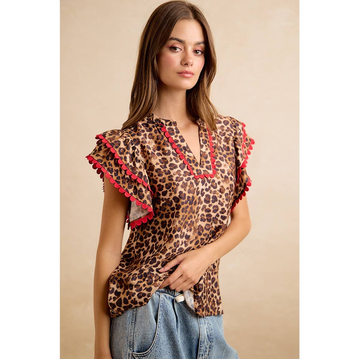 LEOPARD PRINTED WOVEN RIC RAC TRIM V NECK TOP