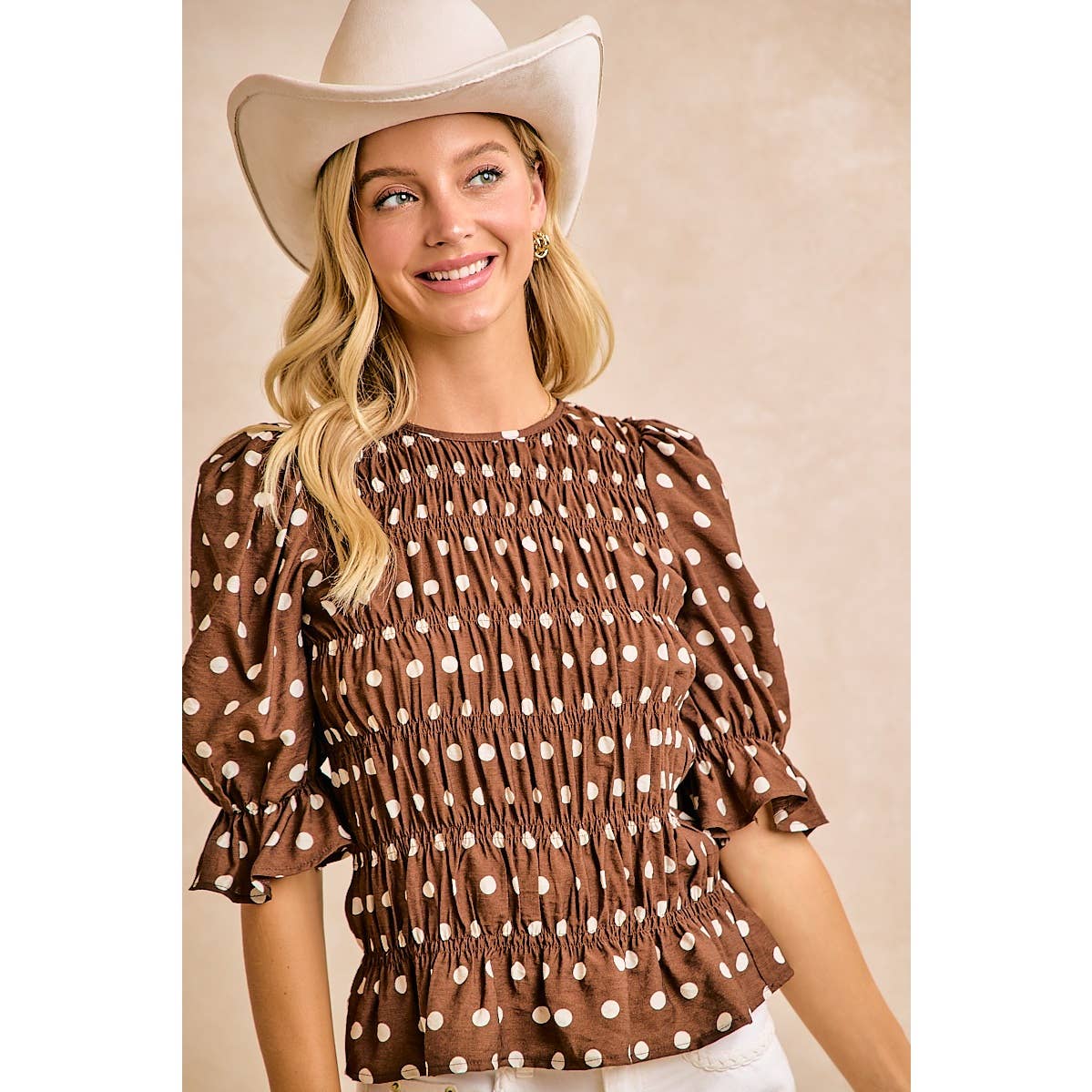 POLKA DOT PRINTED WOVEN SHIRRED BODY TOP
