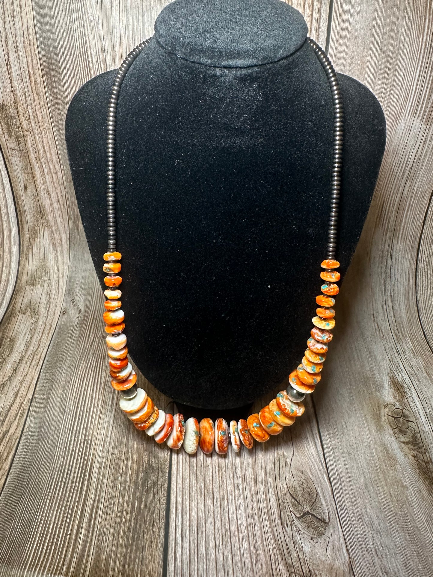 22 Inch orange spiny, turquoise and sterling silver pearls