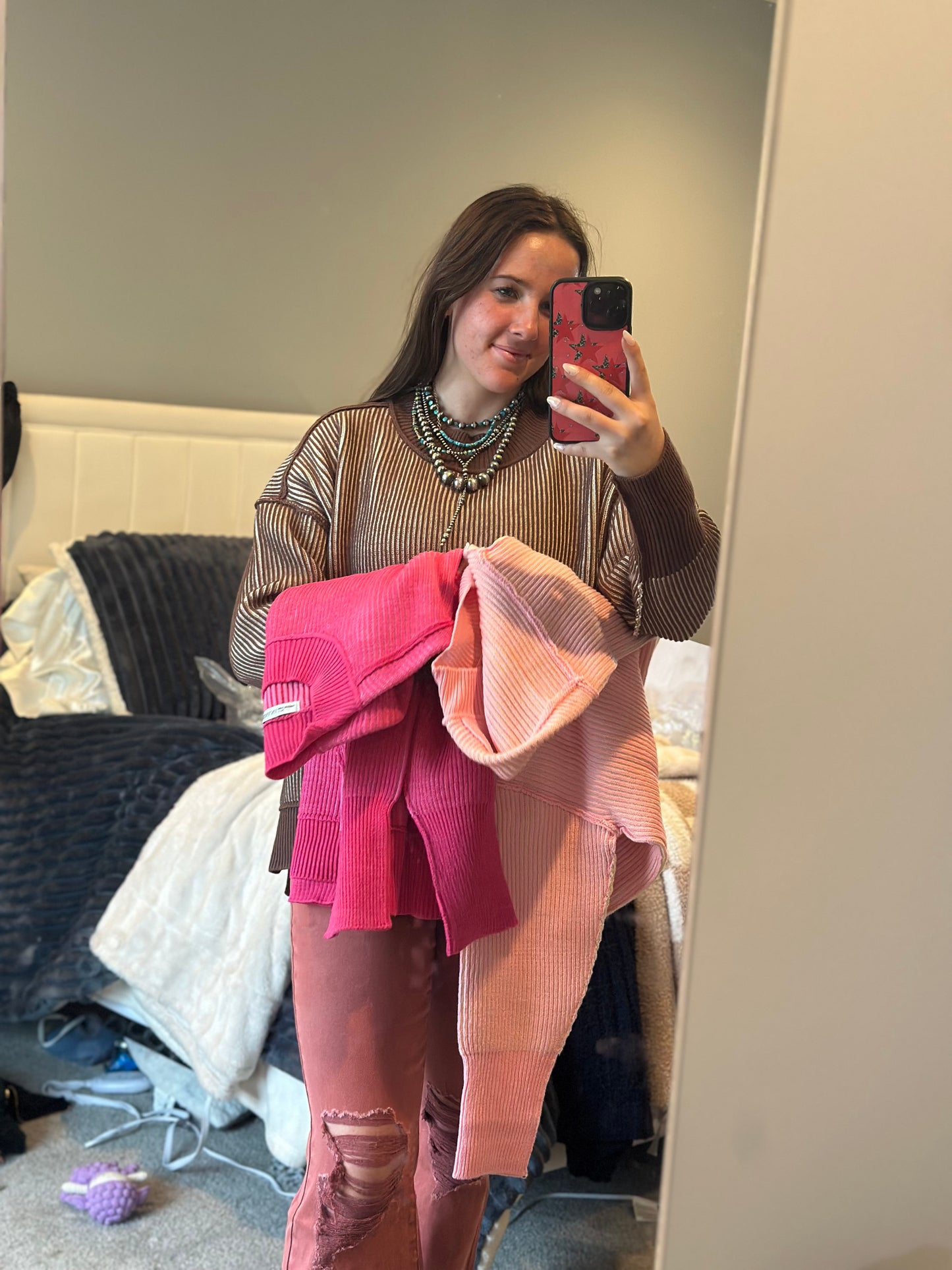 Exposed seam two tone sweater