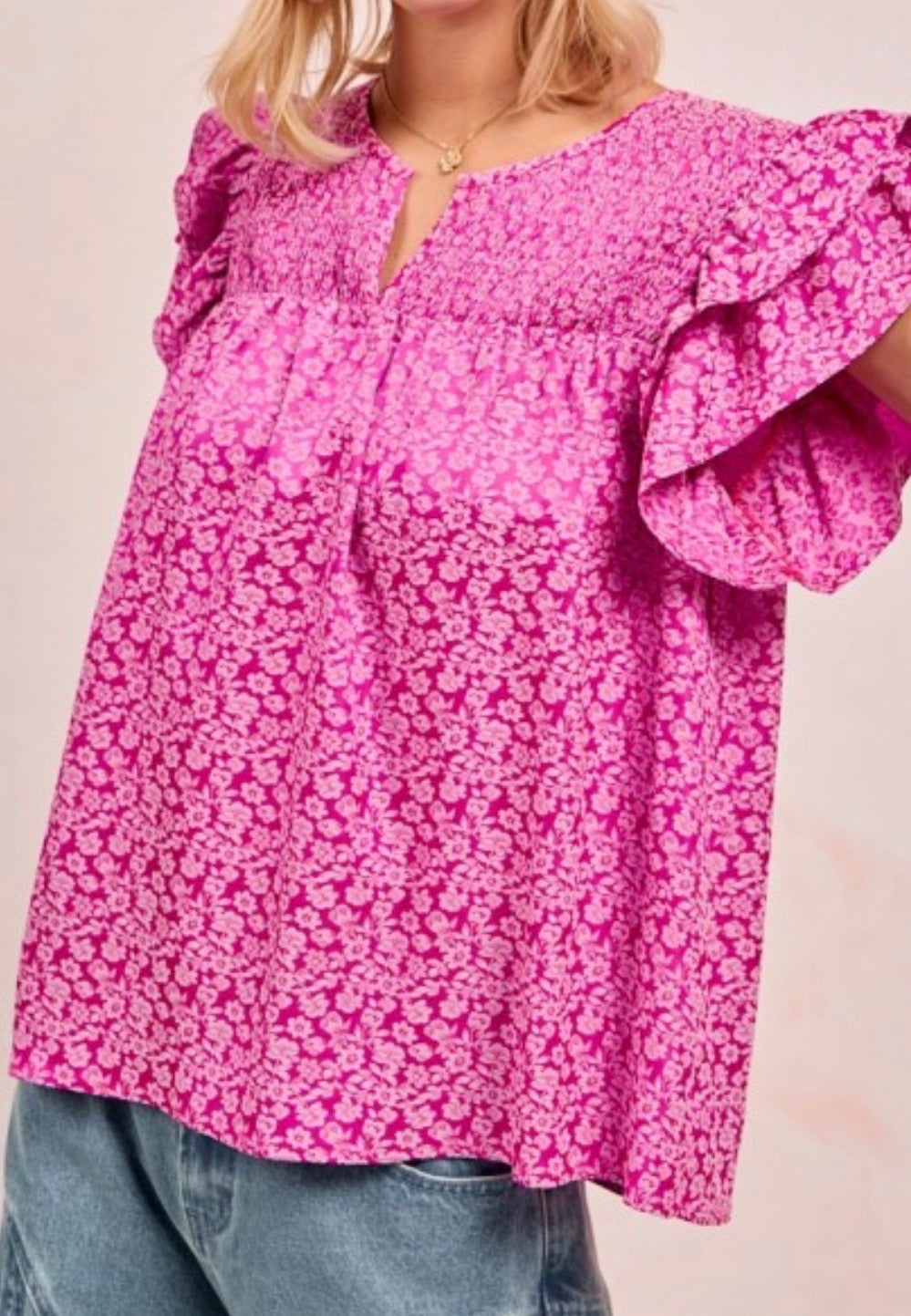 Floral damask smoked ruffled blouses