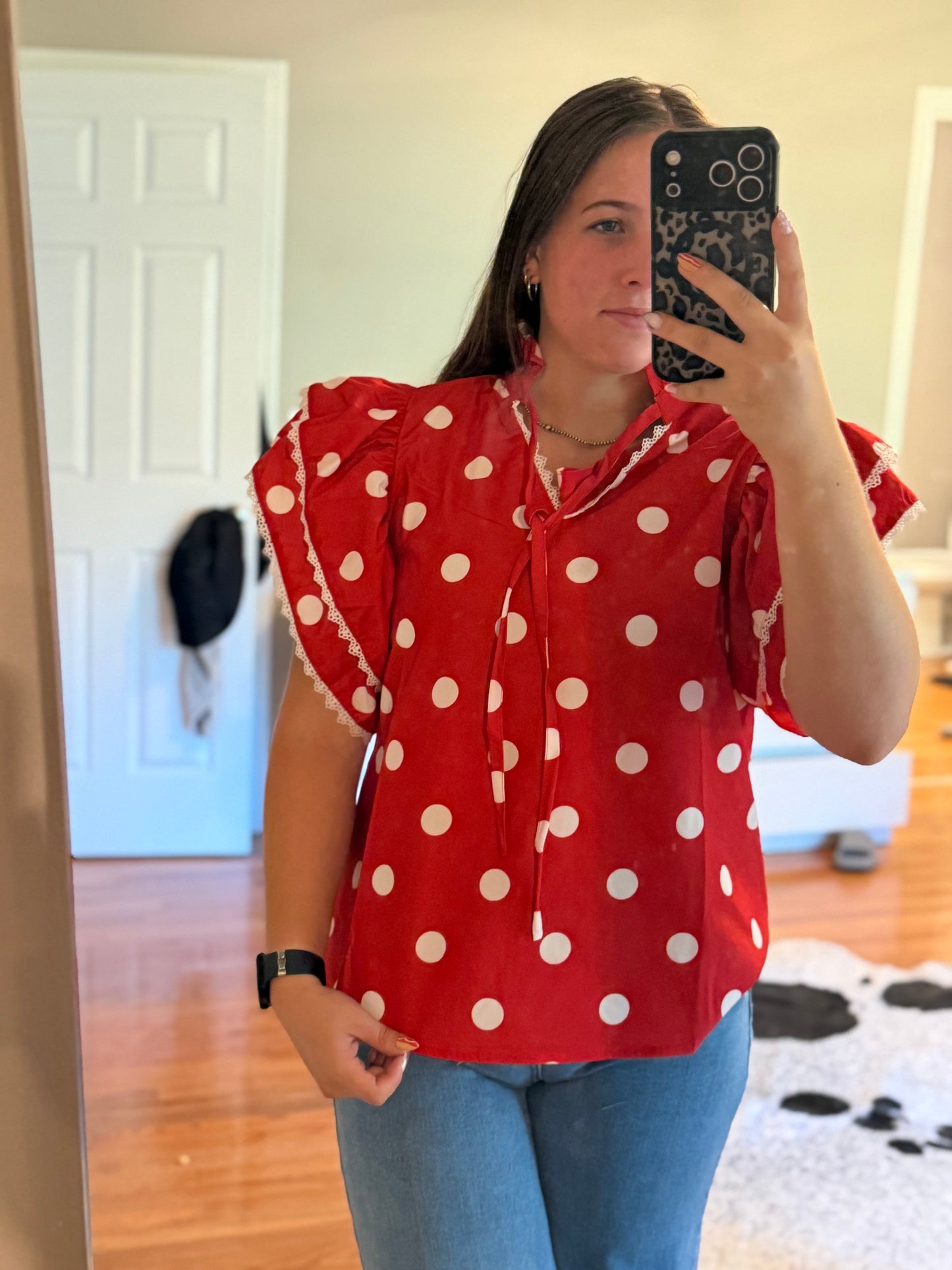 POLKA DOT PRINTED RUFFLE TRIM EDGE BLOUSE TOP