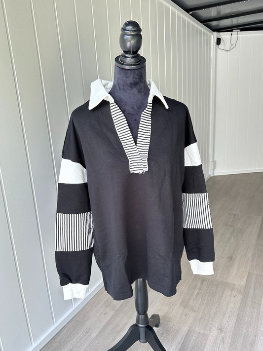 Black Striped Patchwork Collar Sweatshirt