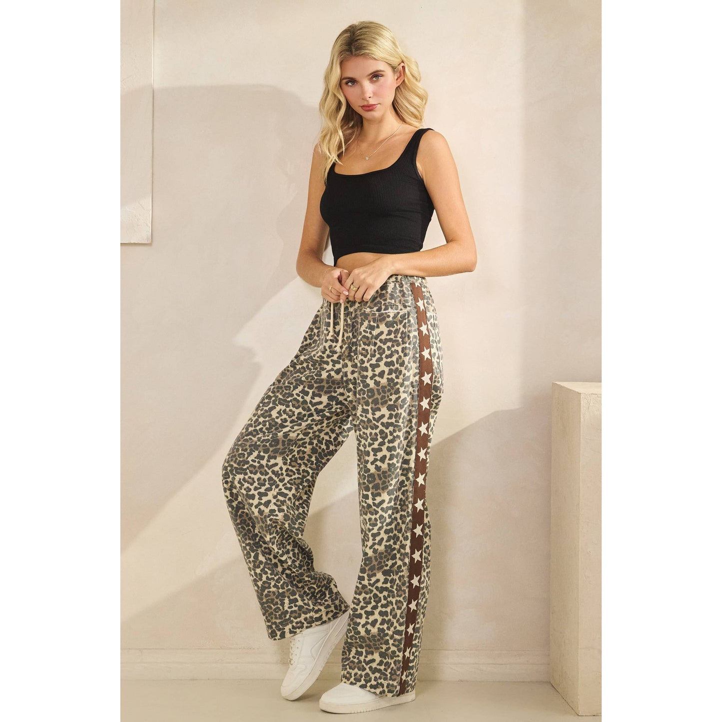 Leopard Printed Striped Wide Legged Pants