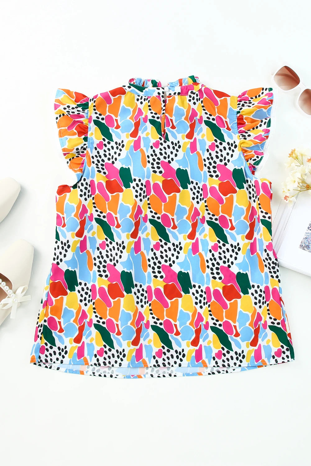 Multicolor Abstract Print High Neck Flutter Sleeves Top