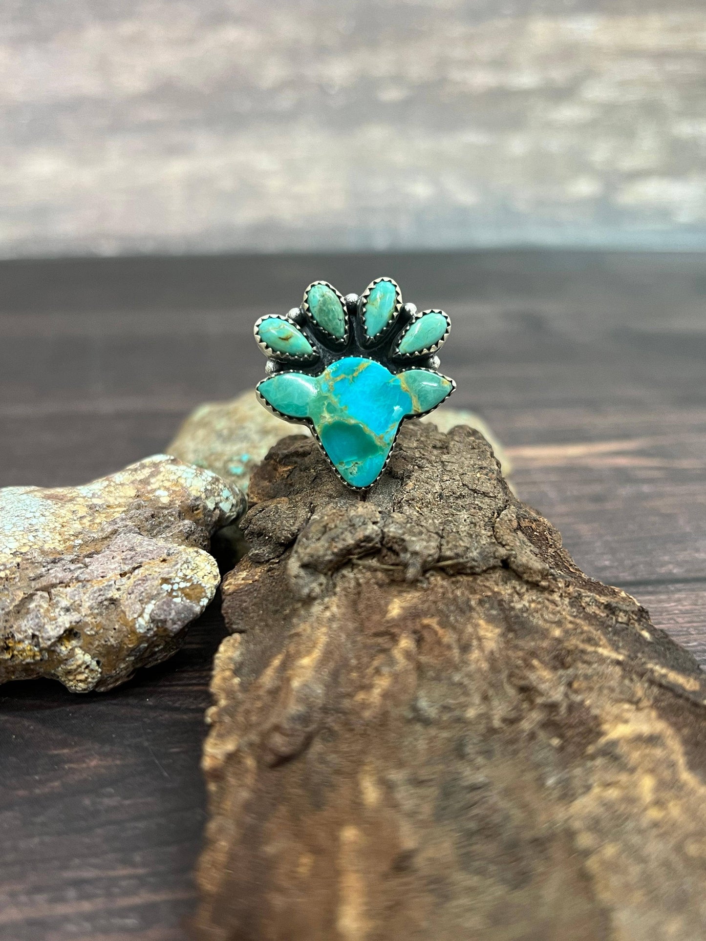 Handmade Sterling Silver Kingman Turquoise Adjustable Ring with Signed Nizhoni