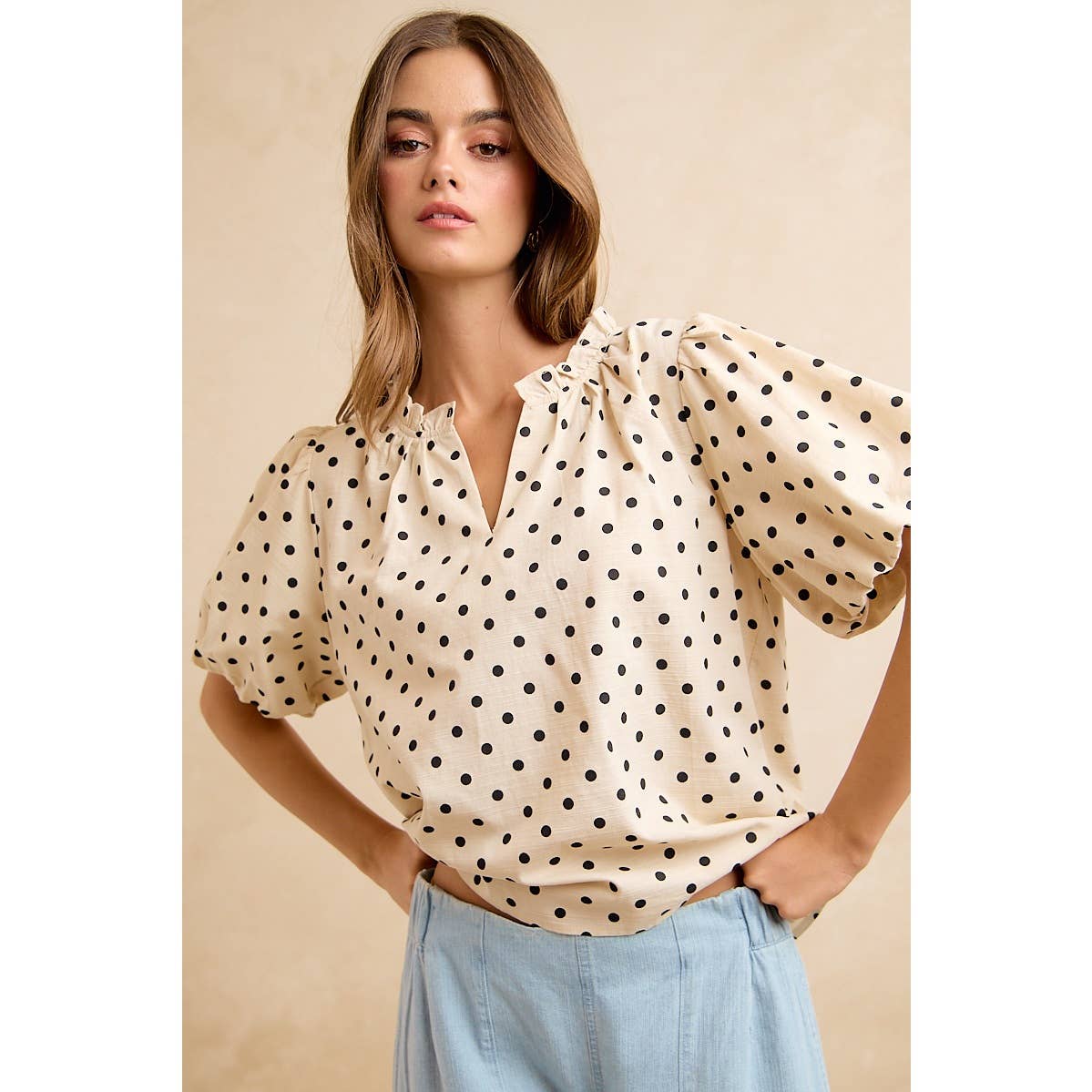 LINEN BLEND POLKA DOT PRINT BUBBLE SLEEVE BLOUSE TOP