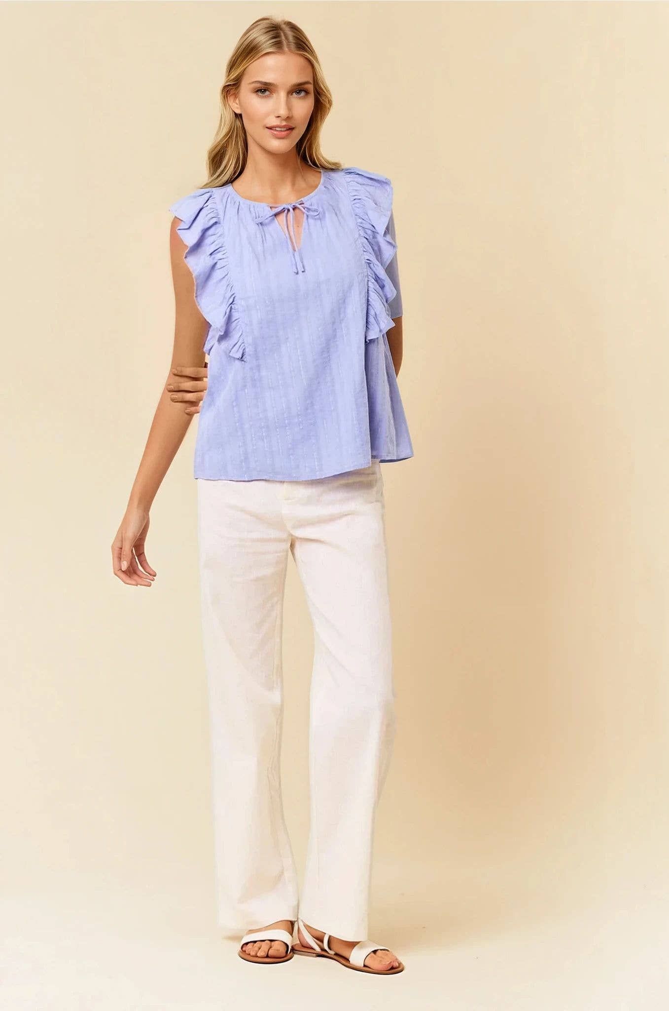 Lurex Striped Split V-Neck Sleeve Top - 44420T