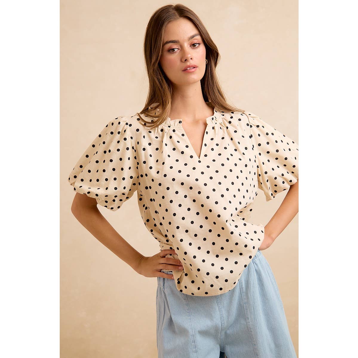 LINEN BLEND POLKA DOT PRINT BUBBLE SLEEVE BLOUSE TOP