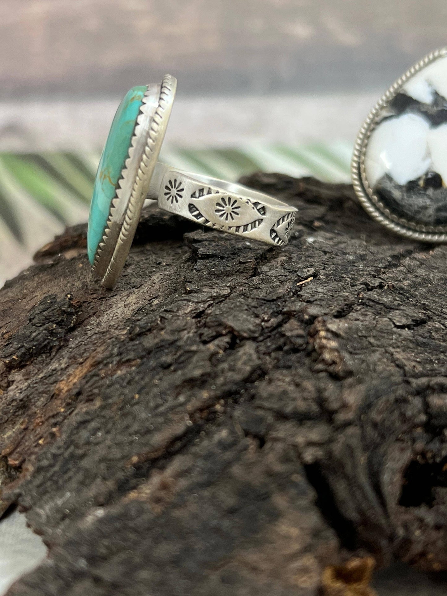 Handmade Sterling Silver White Buffalo, Kingman Turquoise Adjustable Ring, Signed Nizhoni (1)