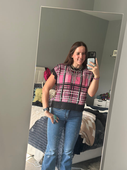 Plaid Short Sleeve Sweater Knit Top