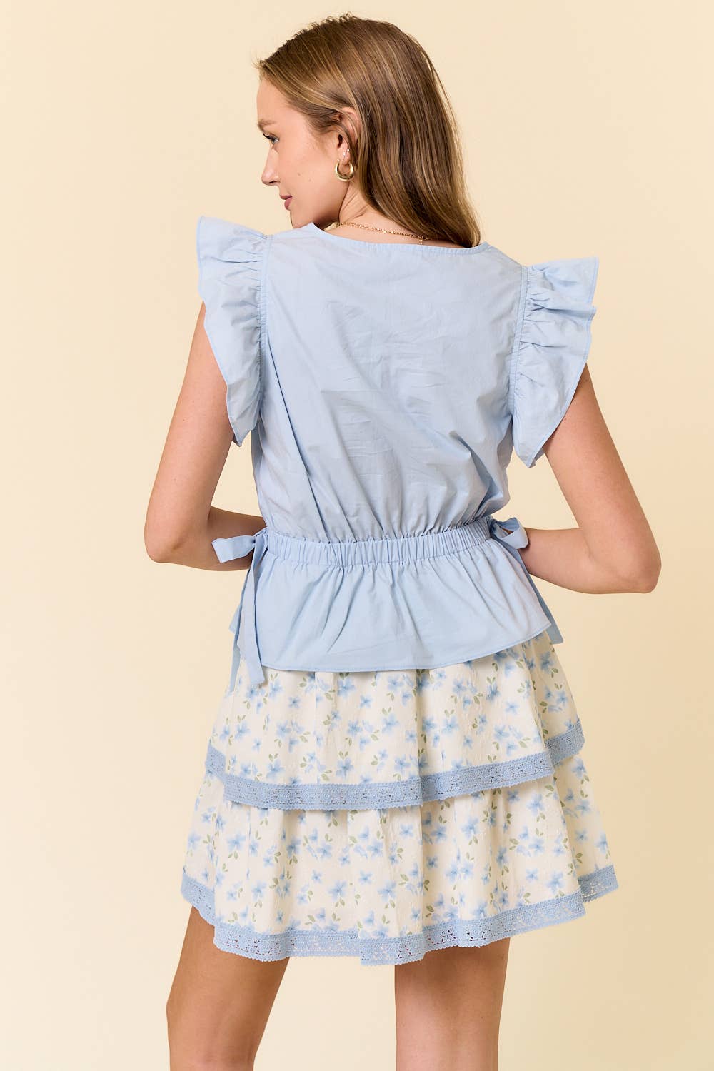 Cotton Poplin Flutter Sleeve Drawstring Waist Tie - 44924T