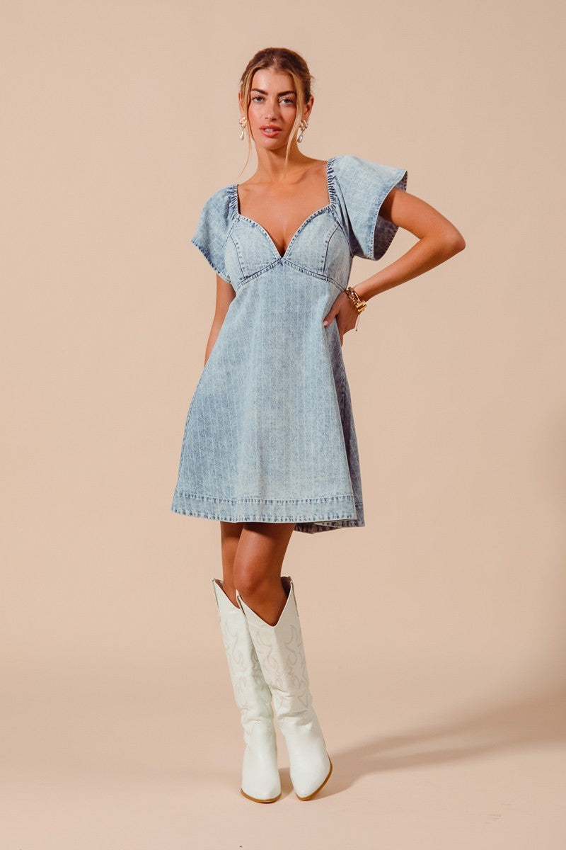 Washed Stripe Denim Dress With Back Tie