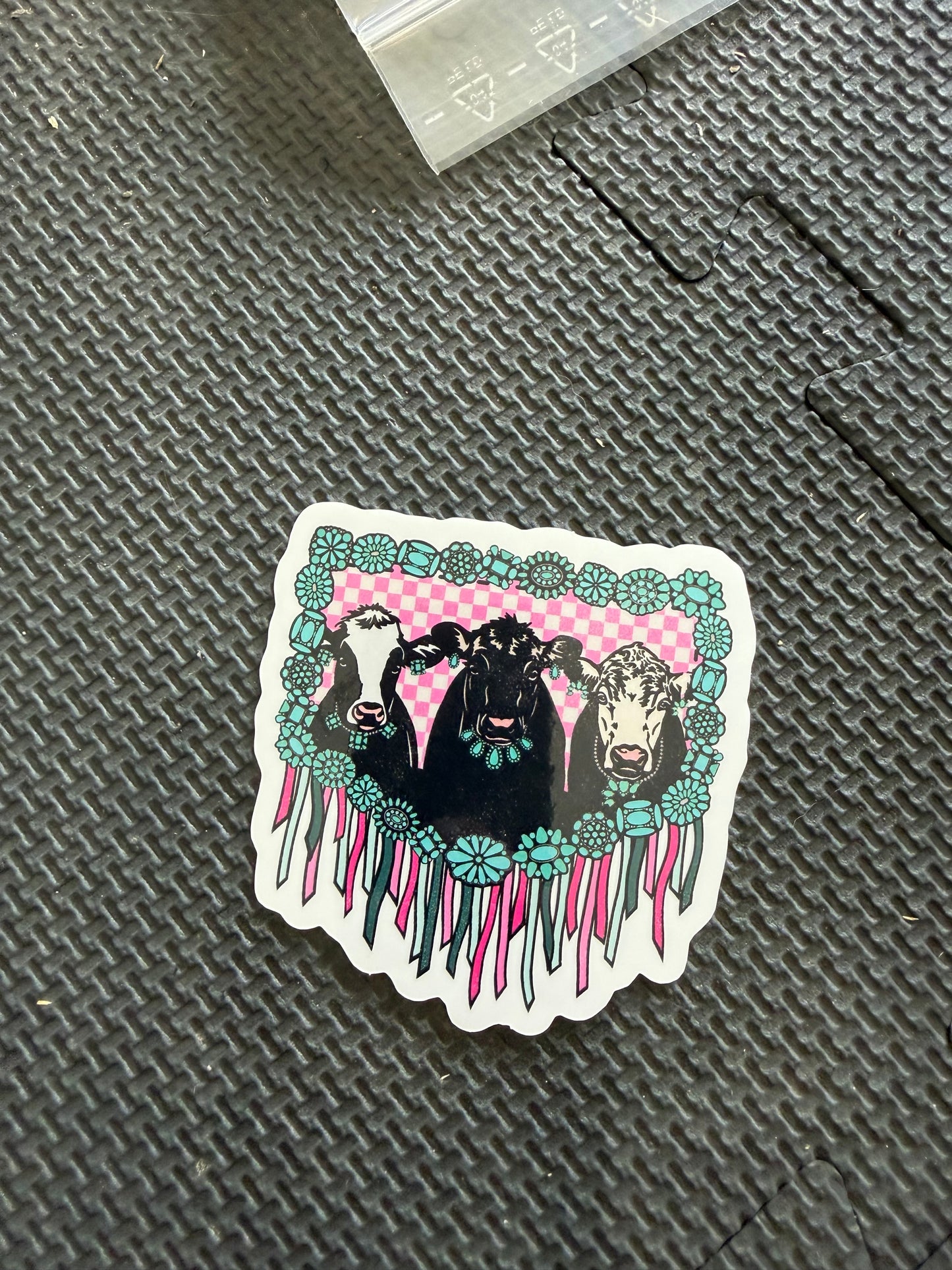 turquoise framed cow - livestock die cut sticker