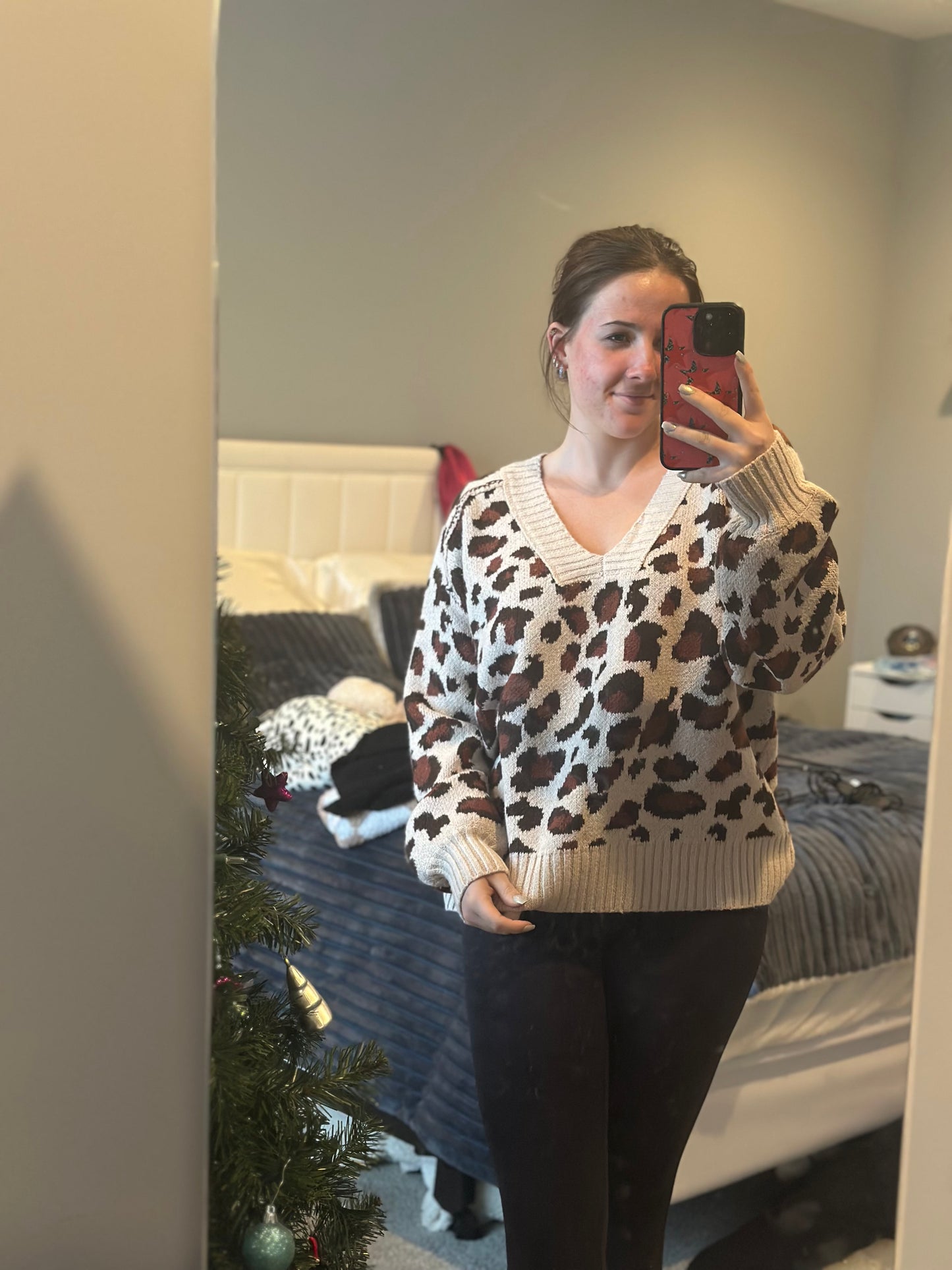 Leopard Pattern Rib Banded V-neck Sweater Top