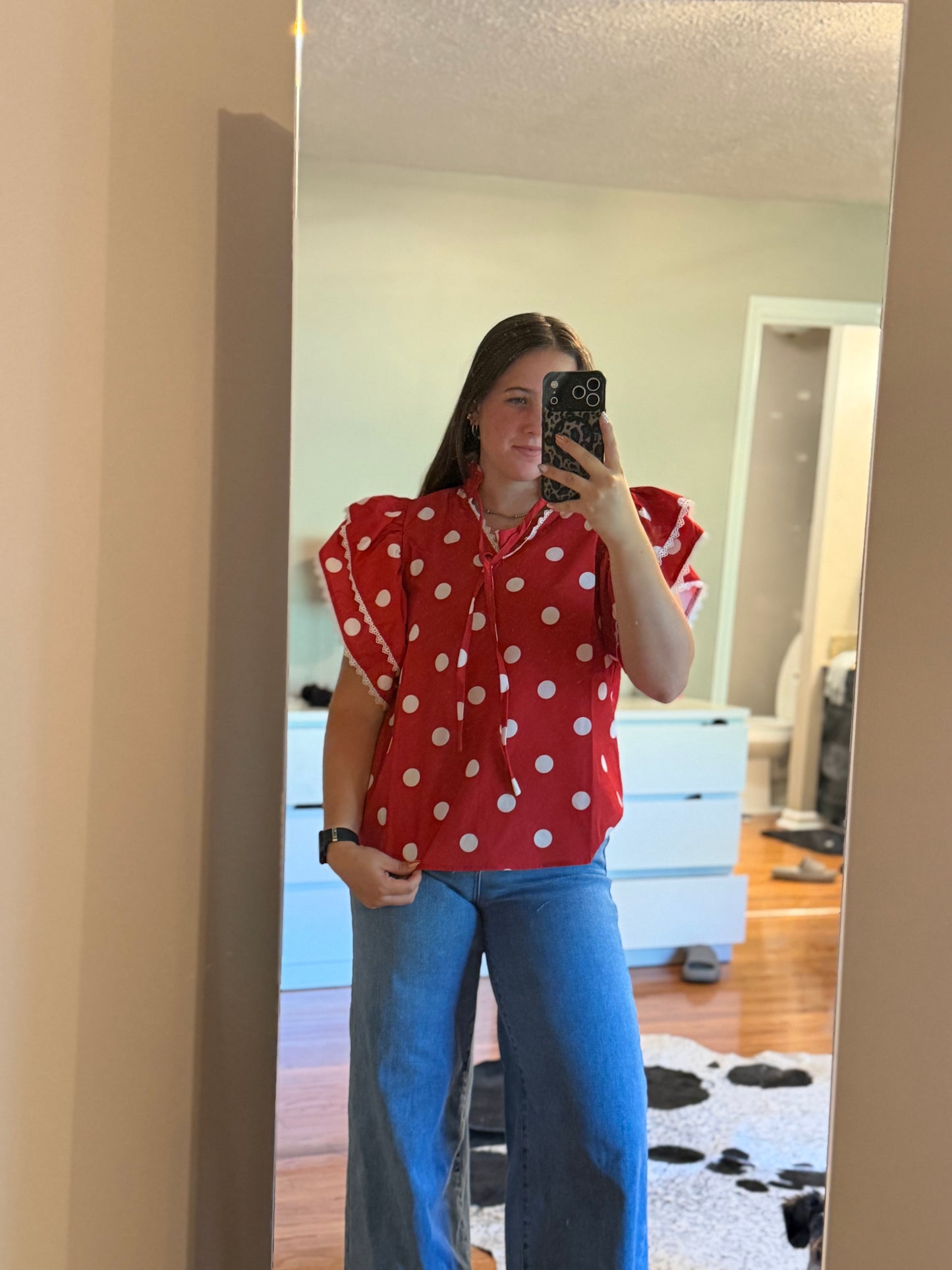 POLKA DOT PRINTED RUFFLE TRIM EDGE BLOUSE TOP