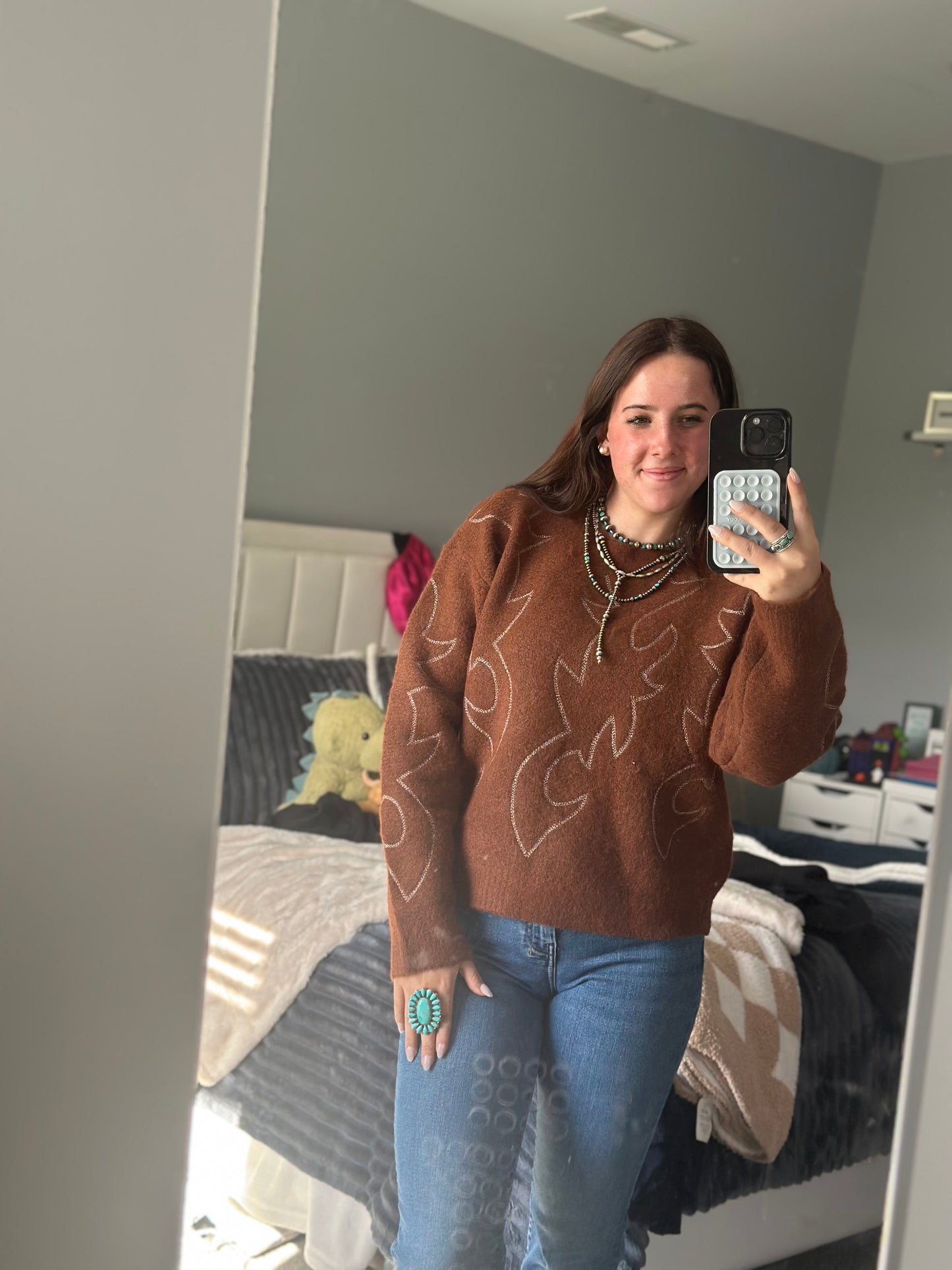 Western Boots Stitch Pattern Crew Neck Sweater