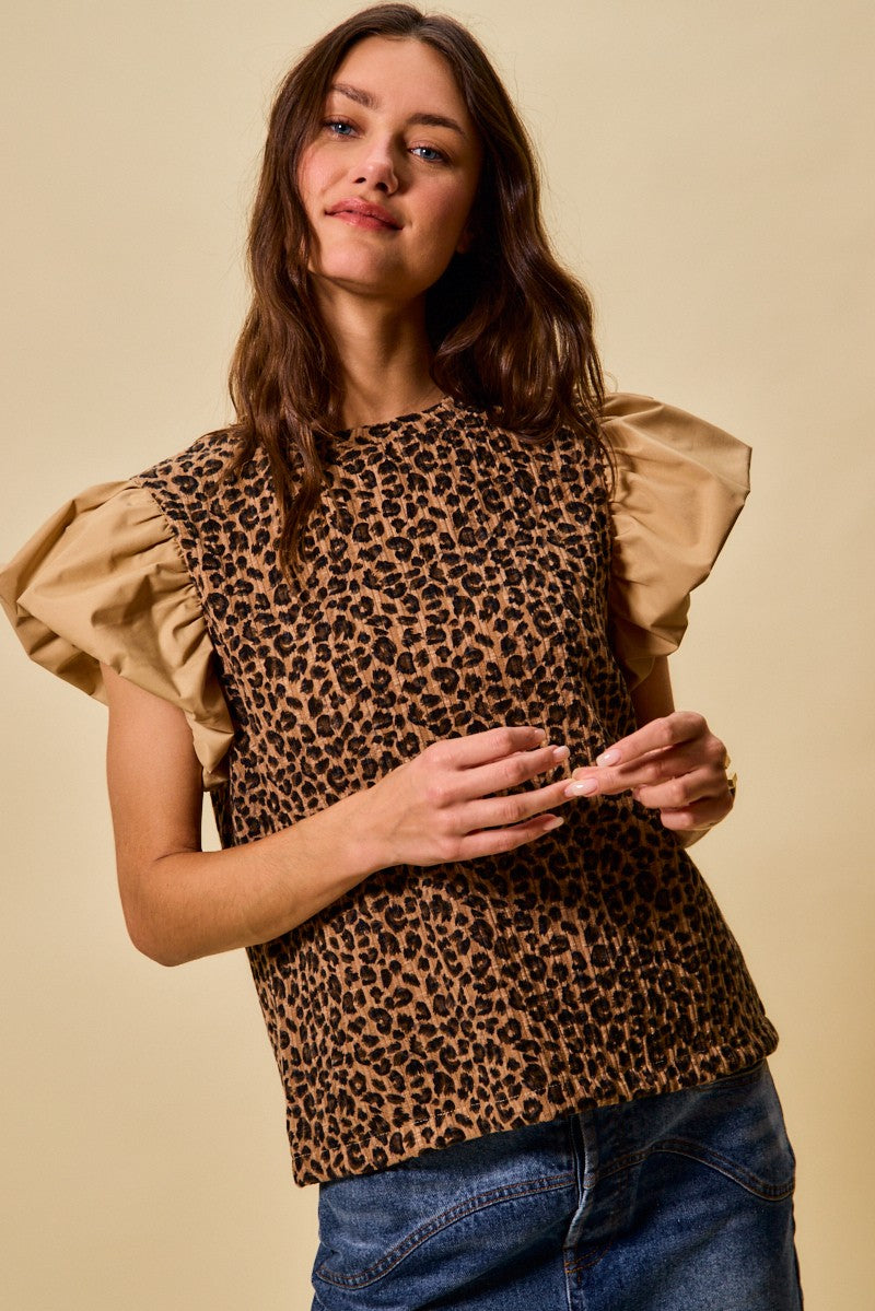 Leopard Pointelle Knit Top With Puff Sleeves