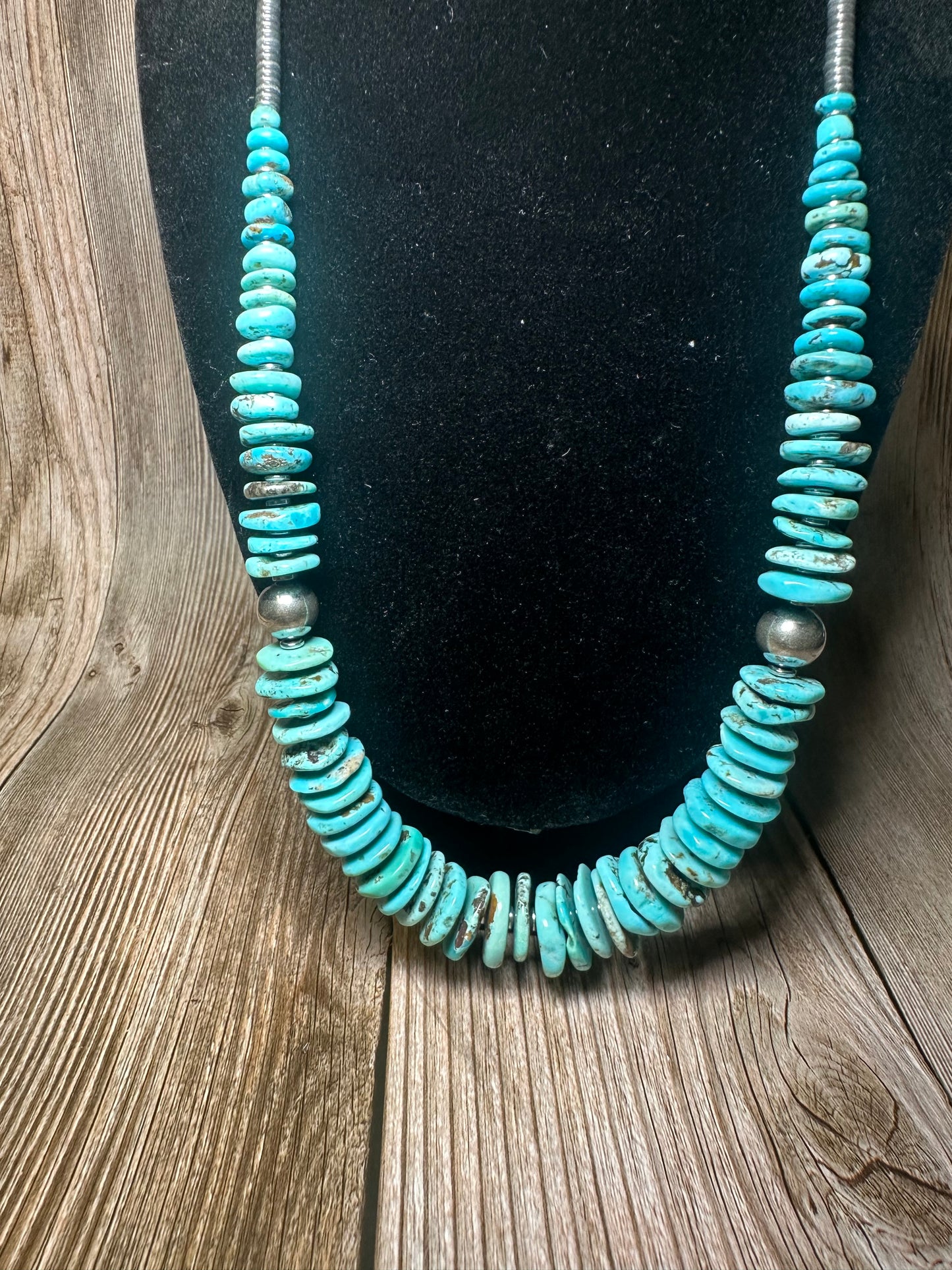 22 inch graduated turquoise necklace with Sterling silver pearls