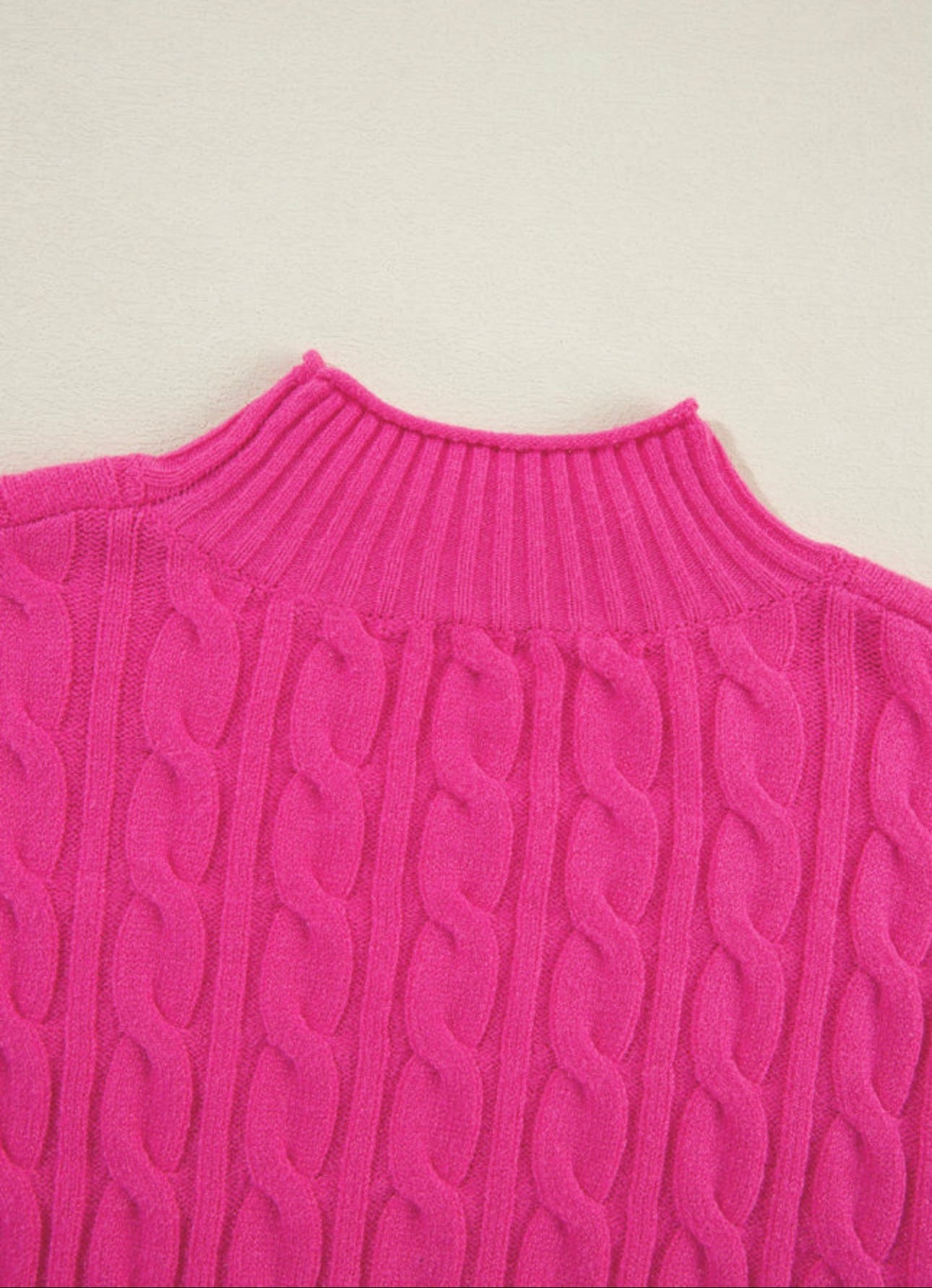 Pink solid cable knit high neck sweater