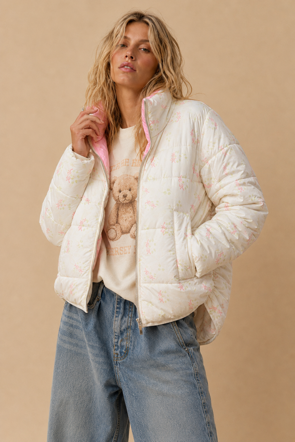 Bow Print Puffer Zipper Jacket