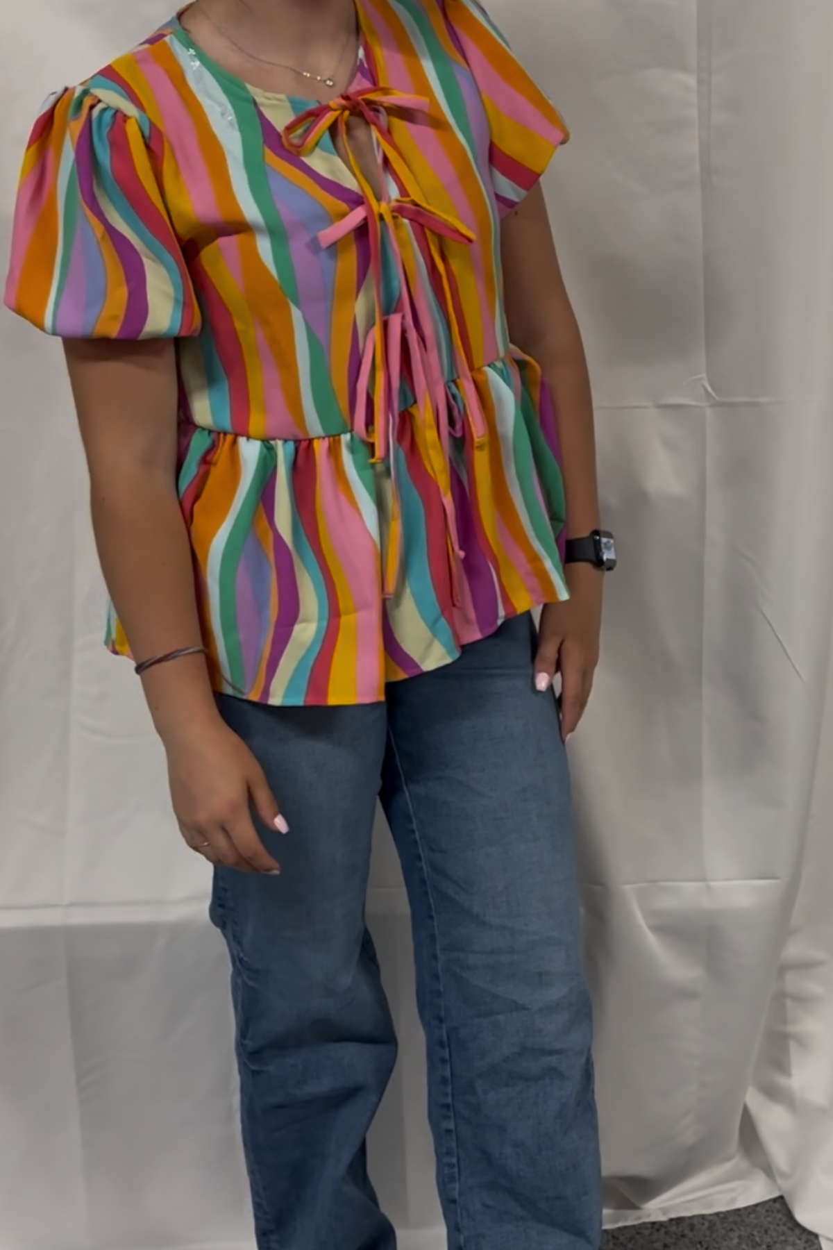Multicolor Woven Top W/ Front Ribbon Bow Tie