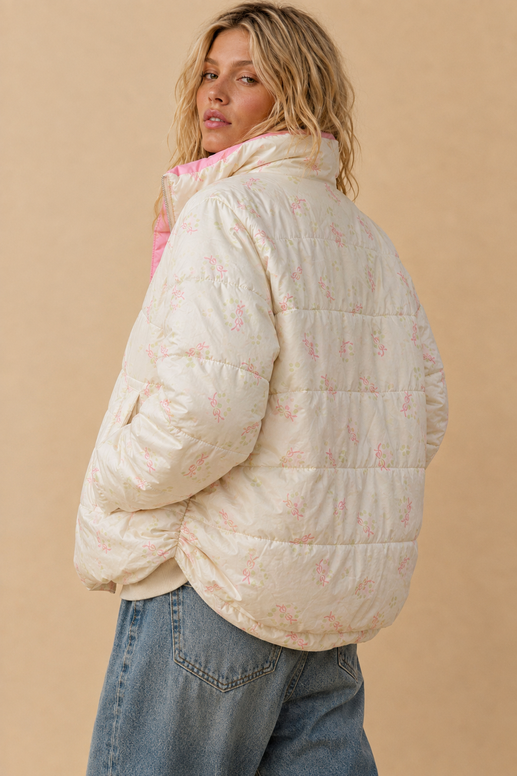 Bow Print Puffer Zipper Jacket