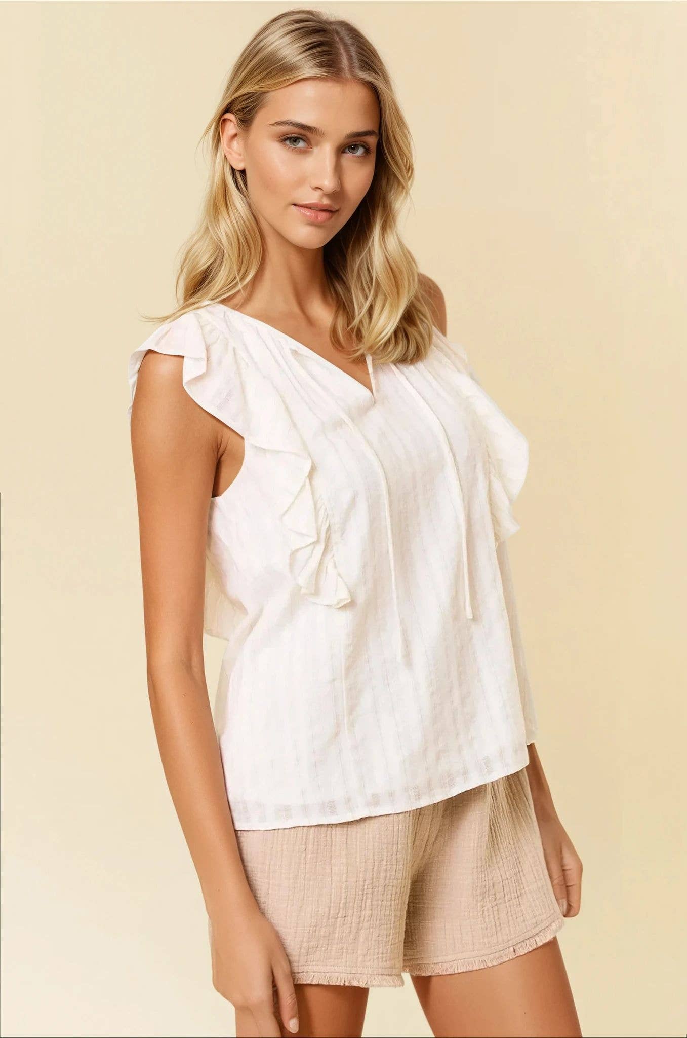 Lurex Striped Split V-Neck Sleeve Top - 44420T