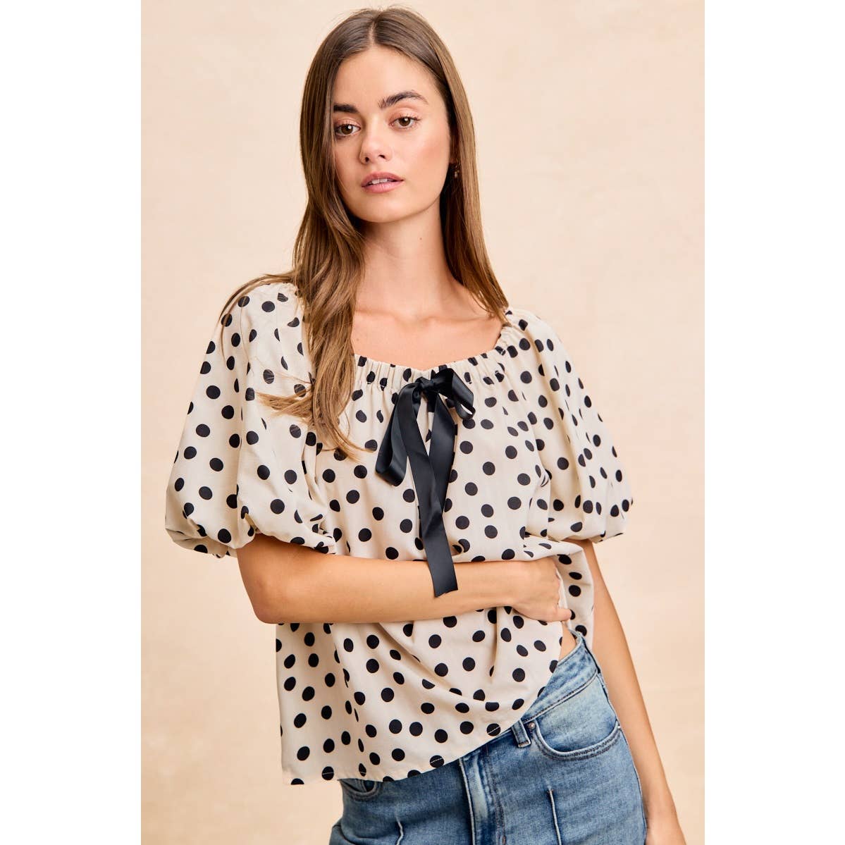 POLKA DOT BOW ELASTIC OPENING PUFF SLEEVES TOP